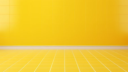 empty living room with yellow walls and flooring, featuring a 3d rendering stock photo. the room is designed in the style of neon grids, with minimalist ceramics and a contemporary candy-coated aesthetic. the limited color range adds to the graphic illustration feel, while the minimalistic landscapes and aerial view enhance the overall ambiance. ai generatedの素材