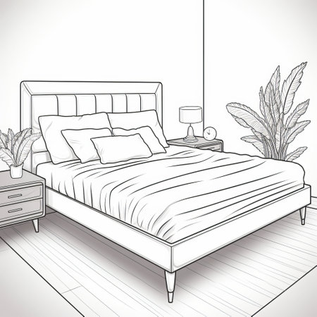 a highly detailed and minimalist coloring page featuring a retro bed design. the black lines depict clean and angular shapes, streamlined surfaces, and tapered legs, capturing the nostalgia and vintage vibes. enjoy coloring this iconic bed piece with your chosen colors while maintaining the minimalist aesthetic. ai generatedの素材