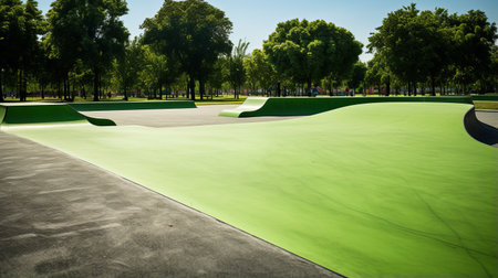 a vibrant skateboarding pitch in broad daylight, with meticulously maintained green grass and crisp white boundary lines. seats for viewers await cheering fans in the background. this scene calls for an impressionist painting style, reminiscent of claude monet, capturing the natural light and scenery brilliantly. the lighting is radiant, coming from a high sun, enhancing the greens and whites with minimal shadows. broad brushstrokes andの素材