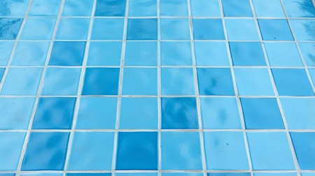 blue tiled pool with a mix of brick and white tiles, showcasing a vibrant and colorful wash design. the smooth and shiny surface reflects the light, creating a stunning contrast between the light sky-blue and dark cyan hues. this close-up shot captures the intense and captivating beauty of the glazed earthenware. a high-quality photo that highlights the intricate staining technique used in the pool's design.の素材