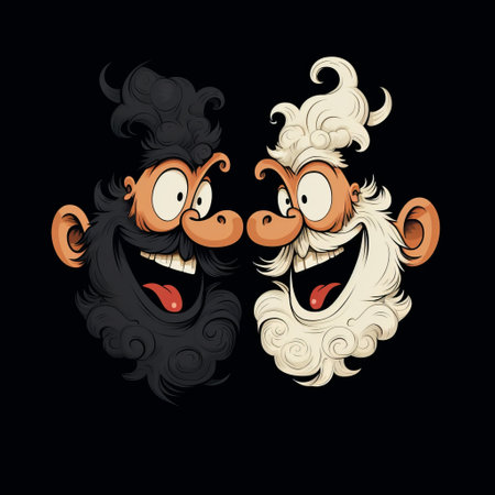 two bearded men, depicted in a cartoon illustration, stand out against a black background. the cheerful colors contrast with the dark and foreboding atmosphere. the men have black and white beards, and the artwork features dark brown and beige tones. atmospheric clouds add to the overall mood, while characterful animal portraits and irregular curvilinear forms complete the composition. ai generatedの素材