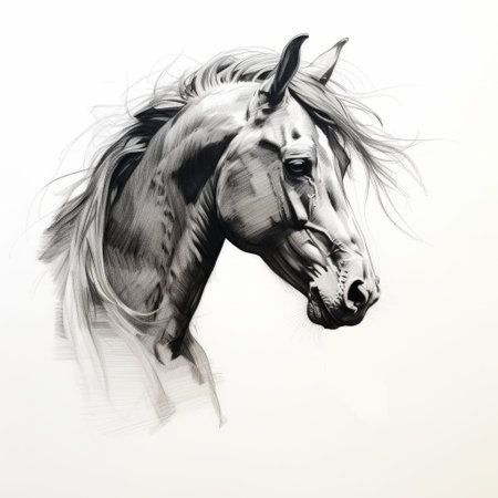 a photorealistic pencil drawing of a horse head, showcasing modern ink painting techniques. this 32k uhd artwork features a white background and is created using oil on canvas. the flowing silhouettes and high resolution capture the intricate details of the horse's features. ai generatedの素材