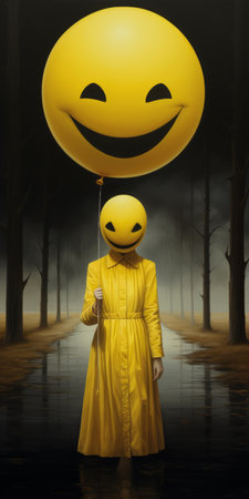 a smiling face in a dark rainstorm, holding an umbrella, captured in the style of pop surrealism. the image features a combination of dark yellow and gray tones, reminiscent of southern gothic aesthetics. this hyperrealistic painting incorporates elements of halloween, including text and emoji installations, creating a unique and captivating visual experience. ai generatedの素材