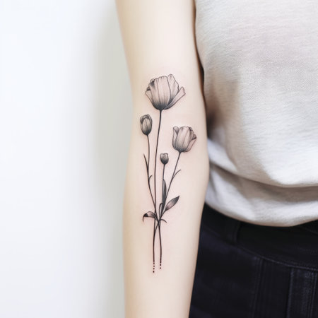 a black and white flower tattoo adorns one arm in the style of feminine sticker art. the design features translucent colors inspired by dansaekhwa and modern european ink painting. layered lines in dark gray and light azure create a pastoral charm. ai generatedの素材