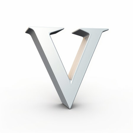 a 3d model of the letter v is showcased in this photo. the metallic rotation style adds a unique touch to the design. the white background and frontal perspective enhance the visual appeal. this creative commons attribution image is inspired by the works of bill viola and features graphic symbols with a silver color scheme. ai generatedの素材