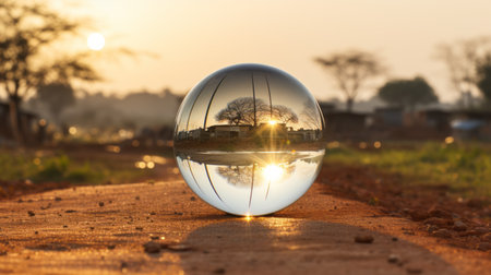 a shiny ball on the road reflects a tree in an african-influenced style. the transparent-translucent medium and firecore create a captivating visual storytelling. shot on 70mm, this realistic landscape with soft edges showcases the mesmerizing effect of liquid metal. ai generatedの素材