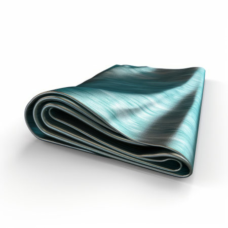 a towel, in the style of liquid metal, is placed flat against a blue surface. the towel has undulating lines and is made of light emerald and silver colors. this innovative page design by john wilhelm features a handscroll with creased details. ai generatedの素材