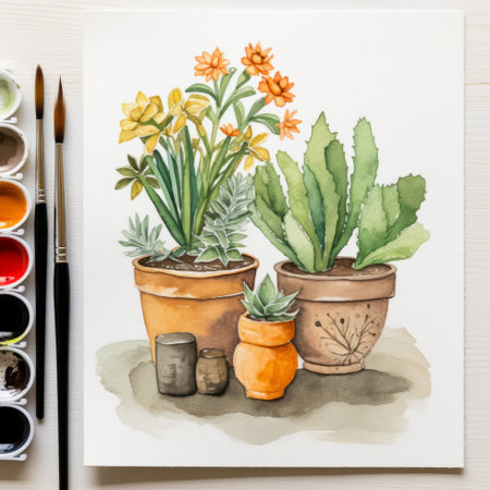 cacti and succulents watercolor painting featuring a dark orange and yellow color palette. this artwork, inspired by elk park on etsy, showcases utilitarian objects and traditional techniques. the use of focus stacking creates a visually stunning effect. the light gray and light brown tones complement the quirky pottery depicted in the painting. ai generatedの素材