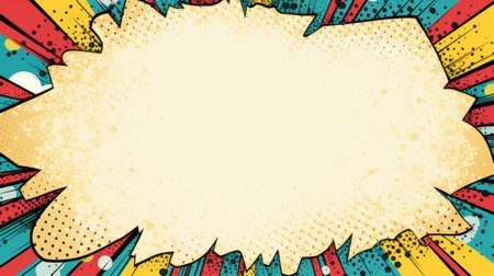 a high-resolution comic splash background featuring a vector illustration of a speech bubble. the design is done in a stylish combination of light yellow and teal, with elaborate borders in light brown and red. the artwork showcases textured shading, dynamic angles, and depicts superheroes in action. ai generatedの素材