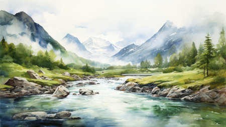 a serene pastoral scene captured in an 8k resolution watercolor background. this hyper-detailed rendering showcases a majestic mountain and a tranquil lake, beautifully depicted in a realistic style. the high-contrast shading adds depth to the delicately rendered landscape, creating an immersive experience. this environmental portraiture captures the breathtaking beauty of norwegian nature. ai generatedの素材