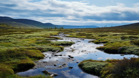 a stream meanders through the grass in a stunning desert landscape, reminiscent of norwegian nature. the dark sky-blue and light gray tones create a captivating atmosphere, capturing the essence of sublime wilderness. the photo showcases the contrasting shades of dark aquamarine and green, reminiscent of british topographical landscapes. this captivating image evokes a sense of tranquility and natural beauty, reminiscent of the iconic windows xpの素材