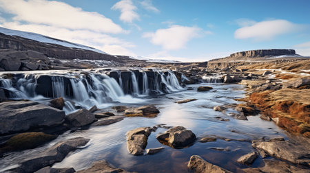 a valley in northern iceland showcases a breathtaking scene of water cascading down from the mountain top. this matte photo, captured in 8k resolution with a carl zeiss distagon t 15mm f28 ze lens, beautifully captures the romantic riverscapes. the painterly style of aleksi briclot adds an artistic touch to this stunning cryengine-inspired image. ai generatedの素材