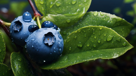 two blueberries, glistening with raindrops, hang delicately from a tree branch. the dark green and dark blue hues create a captivating contrast, showcasing the wet-on-wet blending technique. the grandiose color schemes and photo-realistic techniques bring out the beauty of these berries. softbox lighting enhances the details, while the norwegian nature backdrop adds a touch of serenity. this stunning photo can be found on flickr. aiの素材