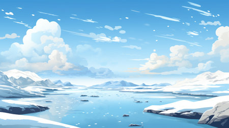 an icy landscape with clouds above a river, showcasing detailed character design and marine views. the style is a combination of simple, colorful illustrations with 8k resolution. created by the talented artist patrick brown, the artwork features a flat, limited shading technique, highlighting the contrasting tones of dark white and sky-blue. ai generatedの素材