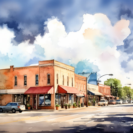 a watercolor illustration captures the essence of a town in southwestern california. this realistic urban scene showcases high dynamic range and ethereal cloudscapes. lively street scenes come to life with concise brushwork techniques. the use of fujifilm eterna vivid 500t adds vibrancy to the depiction of rural america. ai generatedの素材