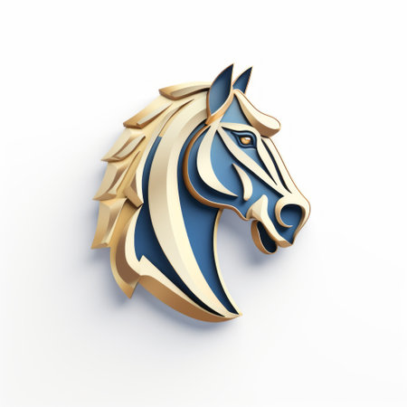 an abstract golden bronc horse head logo is showcased on a white background. the logo is designed in a style that incorporates light sky-blue and indigo colors, giving it a vibrant and eye-catching appearance. crafted with meticulous attention to detail, this 8k 3d logo features elements of hurufiyya, polished craftsmanship, stripes, shapes, and intricate miniatures. ai generatedの素材