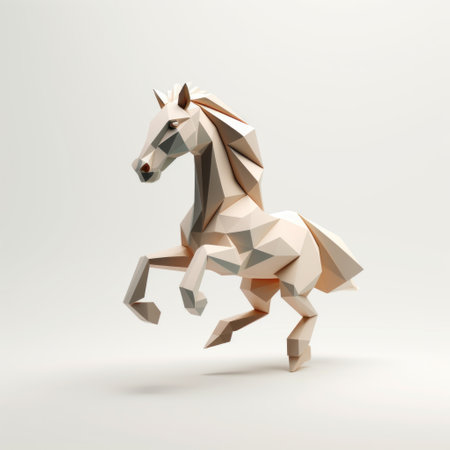 a low polygonal horse jumps gracefully on the polonie ttf in this 2d and 3d composition. the style is muted and minimalist, with light orange and light beige tones. created by hiroshi nagai, this artwork showcases hard surface modeling and characterful animal portraits. the horse stands out against a white background, beautifully rendered in cinema4d. ai generatedの素材