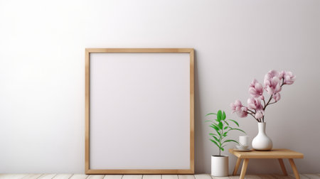 a blank frame hangs on a white wall in a minimalist kitchen adorned with a vibrant green plant. this 3d rendered image captures the essence of japanese woodblock art, with its light purple and light brown hues. the frame serves as a focal point for collecting and displaying various painting and writing tools, made of wood. the overall aesthetic is sparse, simple, and clean-lined. aiの素材