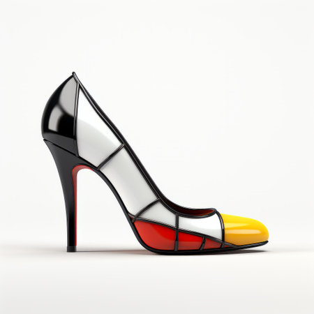 chloe high heel shoes by christian louboutin 3, featuring a de stijl-inspired design. this realistic and detailed rendering showcases fragmented advertising elements in light gray and dark amber hues. the primary colors of the shoes stand out against a white background, creating a high contrast black and white composition. ai generatedの素材
