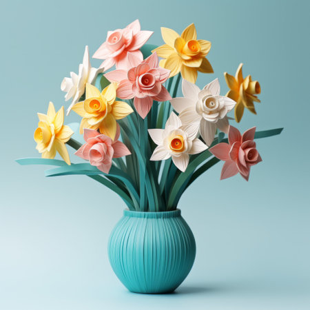 a 3d model of a paper flower bouquet in a blue vase. this traditional-style bouquet features pastel-toned flowers in a bold color scheme. the materials intertwine beautifully, showcasing light cyan and light amber hues. the design exudes a rococo pastel aesthetic, with a touch of sharp and clever humor. ai generatedの素材