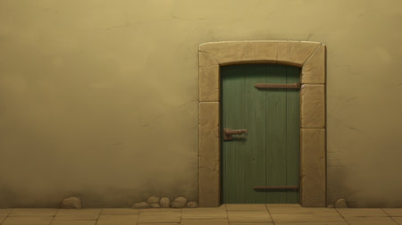 a small green door, inspired by the style of unreal engine 5, features a storybook illustration with a desertwave theme. the soft color blending and smooth brushwork create a captivating cartoon mis-en-scene. the door's texture exploration adds depth and visual interest. ai generatedの素材