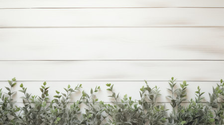 a flowering plant on a wooden plank, featuring minimalist backgrounds in silver and beige. this 32k uhd photo showcases a festive atmosphere with its white and green color palette. the farm security administration aesthetics add a touch of nostalgia to the decorative backgrounds. ai generatedの素材