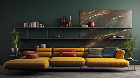 the shelf sectional with cushions captures suburban ennui with its striated resin vein style. in dark red and dark green, it exudes a sense of rough edges and urban sophistication. this high-speed sync, ultra hd picture showcases its intricate details and ultra-realistic appearance. ai generatedの素材