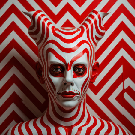 a person wearing a white visor with red stripes is depicted in this image. the composition of the image is reminiscent of fantastical illusions found in wallpaper portraits. the style of the person's attire and the overall aesthetic can be associated with clowncore. the image showcases highly detailed figures, featuring zigzag patterns and hyper-realistic sculptures. the overall vibe of the image can be described asの素材