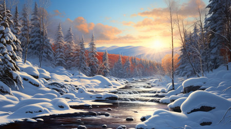 a winter landscape painting capturing the serene beauty of nature. this artwork, in the style of james bullough, showcases a tender depiction of winter scenery with a luminosity of water and a golden light. the artist, andreas rocha, skillfully portrays the winter landscape with a touch of glen angus's influence. this artwork evokes a sense of tranquility and showcases the artist's talent in capturing theの素材