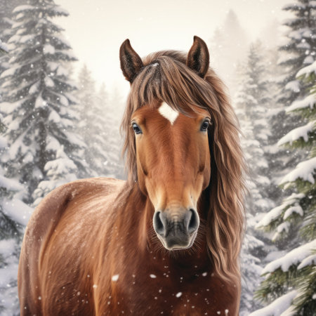 a black and brown horse stands gracefully in the snow, captured in a realistic hyper-detailed portrait. the scene resembles a storybook illustration, with a detailed background showcasing a realistic landscape with soft edges and tonal colors. this 32k uhd image also includes free-associative elements, adding depth and intrigue to the composition. ai generatedの素材
