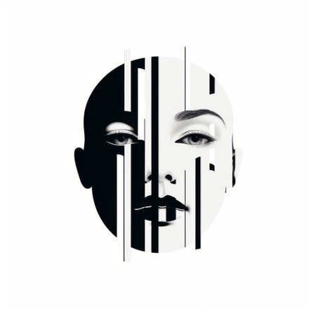 a minimalist black and white drawing of a person in a mosaic pattern. this futuristic glam artwork features a double exposure effect, striped compositions, and fragmented icons. the strong facial expression adds depth to the fashion-illustration style. ai generatedの素材