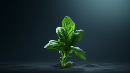 a green plant sits in the dirt against a black background, showcasing a photorealistic rendering style. the softbox lighting creates a captivating contrast between the dark gray and light cyan hues. this unique composition draws inspiration from marvel comics and kitchen still life, resulting in an advertising-inspired image that showcases innovative techniques. ai generatedの素材