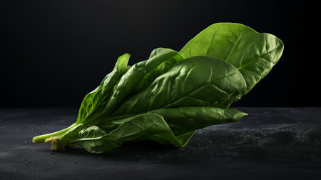 a closeup of a fresh spinach leaf is captured on a dark background, placed on a black card surface. the image showcases the leaf's intricate details and vibrant green color. with copy space available, this photo is perfect for organic sculpting enthusiasts, admirers of dimitry roulland and peter coulson's work, as well as those interested in hard surface modeling, post-processing techniques, and ambient occlusion. aiの素材