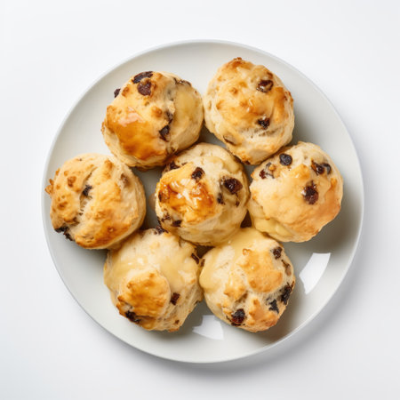 three scones, one with raisins and the other without, are captured in a close-up shot. this digitally enhanced photograph, inspired by the style of charles spencelayh and john pawson, showcases the scones in a dark brown and white color scheme. the image combines elements of oshare kei and classic aesthetics, creating a visually captivating composition by brian sum. ai generatedの素材
