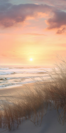 coastal scenery with bluish blue water in a romantic soft focus and ethereal light. this digitally manipulated image showcases a dutch landscape with a touch of light orange and beige. the uhd image captures the beauty of the surroundings, featuring a mesmerizing combination of light gold and pink tones. ai generatedの素材