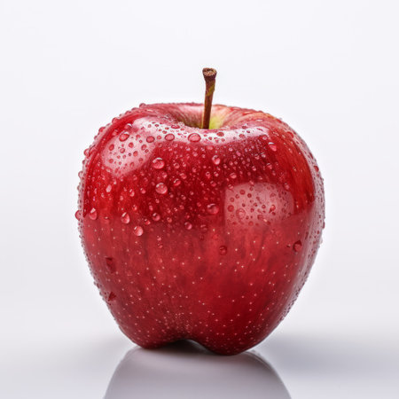 red apple on a white backdrop, showcasing wet-on-wet blending technique. captured with the zeiss milvus 25mm f/1.4 ze lens, this photograph represents the artistic style of the vancouver school. it was the winner of a contest and features meticulous detailing. the vibrant red and purple hues add a nanopunk touch to the composition. ai generatedの素材