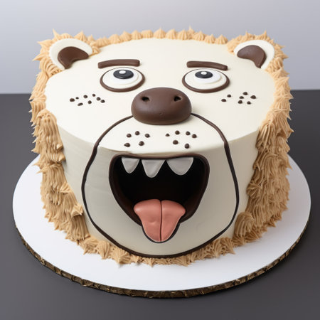 a bear cake sits on a table, featuring dynamic and exaggerated facial expressions. the cake is decorated in dark white and dark beige colors, with realistic and hyper-detailed renderings. the design incorporates jump cuts and cartoonish motifs, creating a lively and playful atmosphere. the cake is enhanced with rtx technology, further enhancing its visual appeal. ai generatedの素材