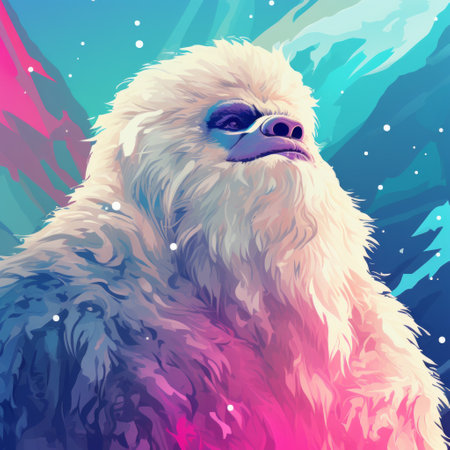 an animated gorilla, inspired by crisp neo-pop illustrations, gazes directly at the camera. the gorilla is depicted in a vibrant color palette of dark sky-blue and light magenta, showcasing its furry artistry. the scene is reminiscent of snow-covered landscapes, while naturalistic bird portraits add an extra touch of realism. this artwork evokes the creative vision of george lucas. ai generatedの素材
