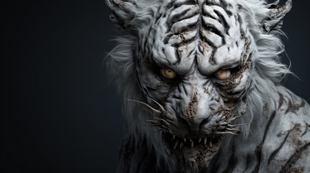 a white tiger with dark hair and large fangs is depicted in this intense portraiture photo. created in the style of unreal engine 5, the image showcases macabre fantasy elements. the use of zbrush and decayed aesthetics adds a touch of realism and hyper-detail to this photo-realistic masterpiece. ai generatedの素材