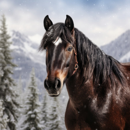 a small black horse stands gracefully in the snow, captured in the style of western-style portraits by renowned artist bob eggleton. the 8k resolution image showcases the horse against a backdrop of mountainous vistas, creating a festive atmosphere. the smokey background and cross processing technique add depth and intrigue to this captivating photo. ai generatedの素材