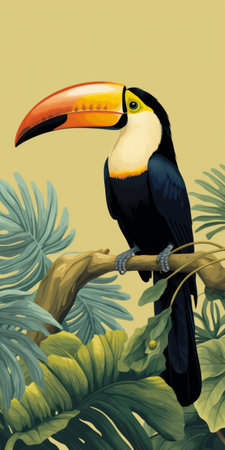 a vibrant toucan sits gracefully on a tree branch, showcasing its striking yellow and black plumage. the illustrative storytelling style of this award-winning image captures the essence of nature's beauty. with a touch of poetcore, the medievalist aesthetic adds a unique charm. shot on ferrania p30 film, the vintage feel adds a nostalgic touch to this stunning image, perfect for illustrated advertisements. ai generatedの素材