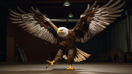 an eagle, illuminated by softbox lighting, stands on the ground with its majestic wings spread wide. this realistic depiction showcases the bird's performance-oriented nature. captured in 8k resolution from a high-angle perspective, the image showcases innovating techniques. the dark yellow and white tones add depth and intensity to the composition. ai generatedの素材