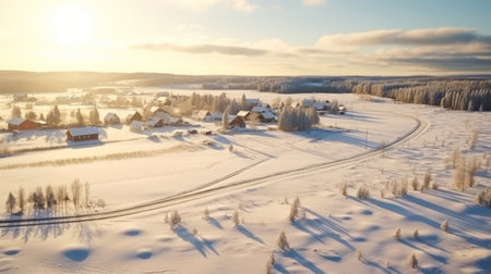 aerial view of a snow-covered winter village bathed in golden light. this stunning 8k resolution photograph captures the essence of rural life scenes. the image showcases the beauty of the landscape with the tokina at-x 11-16mm f2.8 pro dx ii lens. with its 32k uhd quality, it offers a captivating depiction of a serene soviet-inspired village. ai generatedの素材