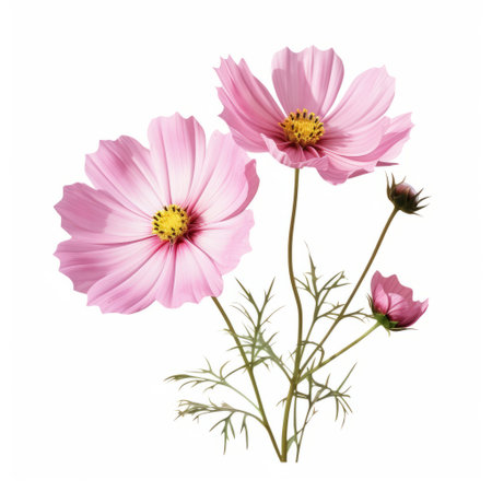 pink confetti pink cosmos flowers are beautifully captured in this photo, isolated on a clean white background. the image is reminiscent of detailed botanical illustrations from the eastern zhou dynasty, with a touch of digital enhancement. the mid-century style adds a unique and eye-catching element to this floral still life. the overall composition creates a wimmelbilder effect, drawing the viewer in with its intricate details.の素材