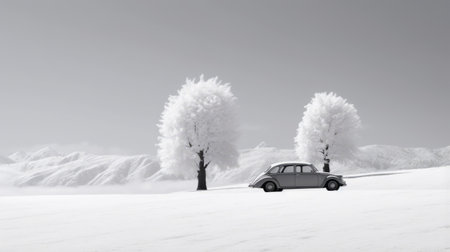 the smallest white car on snow, captured in an isolated black and white shot, showcases a classical landscape style. the ethereal trees and realistic color palette create a romantic illustration, reminiscent of an infrared image. this stunning photo, rendered in cinema4d, evokes a sense of tranquility and beauty, making it a captivating associated press photo. ai generatedの素材
