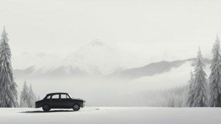 an old black car sits atop a snowy hill in the winter, captured in the style of monochromatic minimalist portraits. this photograph by jessica rossier combines elements of swiss style and traditional british landscapes. with a resolution of 32k uhd, the image showcases minimalist figuration and is available in stunning 8k quality. ai generatedの素材
