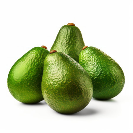 a large group of green avocados is showcased in this photo, set against a clean white background. the composition is reminiscent of classic still life artworks, with a touch of the unique style of zbrush. the avocados appear hyperrealistic, with a glossy finish that enhances their vibrant green color. ai generatedの素材