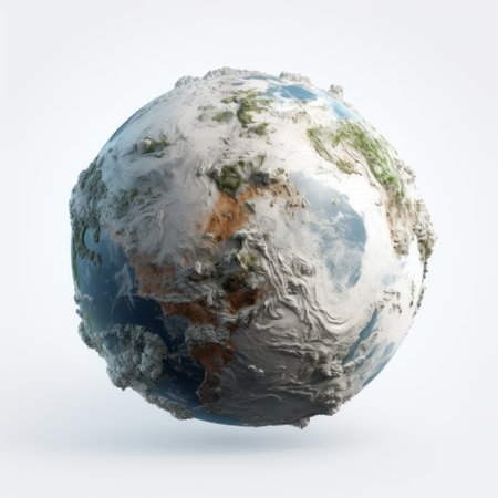a large globe of the earth, reminiscent of adam martinakis' style, is captured in this photo. the realistic landscapes feature soft, tonal colors and rough clusters, similar to the works of kim keever. the cold and detached atmosphere is enhanced by the contrasting white and orange hues, as well as the light gray and emerald accents. ai generatedの素材