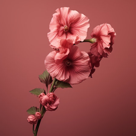 a flower bud surrounded by pink flowers stands out against a vibrant red backdrop on a pink background. this artistic composition, created in the style of zbrush, showcases elegant and classic still life arrangements. the unmodulated color scheme enhances the graceful sculpturesque quality of the flowers. with minimal retouching, the striped arrangements add an extra touch of visual interest. ai generatedの素材