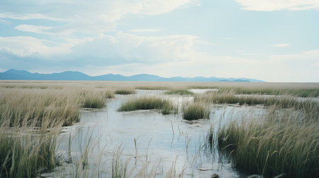 a watery marsh with tall grasses is captured in this documentary-style travel photograph. the serene oceanic vistas and flat backgrounds create a calming and introspective aesthetic. the whimsical wilderness of the marsh is beautifully showcased, with the horizons stretching out in the distance. this captivating image was taken using the olympus xa2 camera. ai generatedの素材